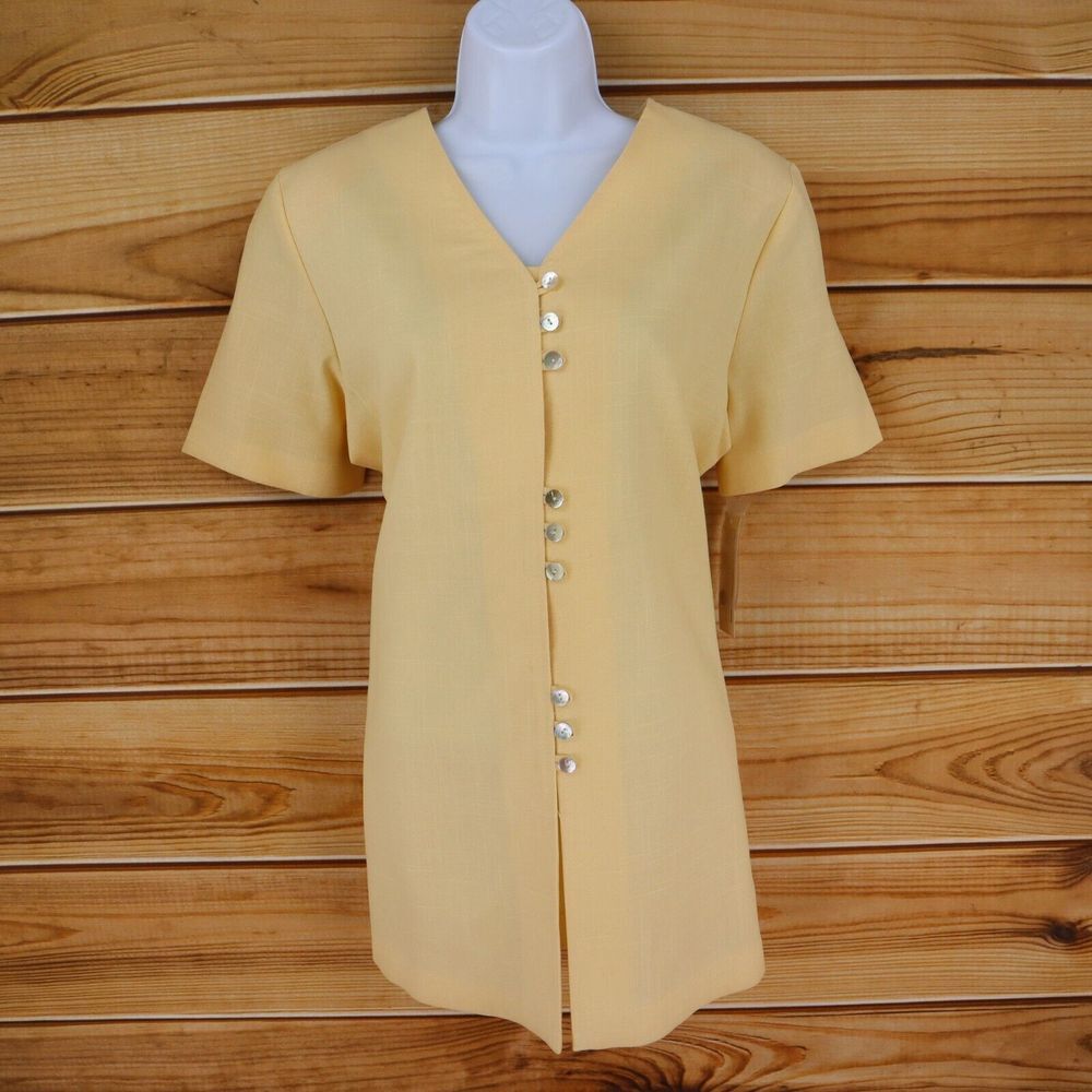 Versailles Tunic Top V-Neck Womens LP Yellow Poly-LINEN Blend Shoulder Pads‎ NWT